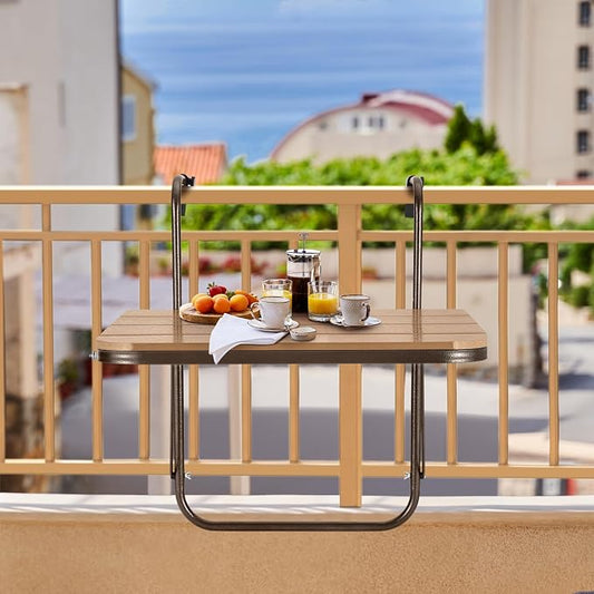 Balcony Railing Table Hanging Folding Balcony Bar Table for Deck Railings Outdoor 23.6" x 15.7" Aluminium Frame Adjustable All Weather Space Saving (Brown)