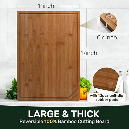 Kikcoin 17”×11” Deep-Carbonized Bamboo Cutting Boards for Kitchen, Healthy Wooden Cutting Boards for Kitchen, Charcuterie, Vegetables, Extra Large Chopping Boards with Deep Juice Groove and Handle