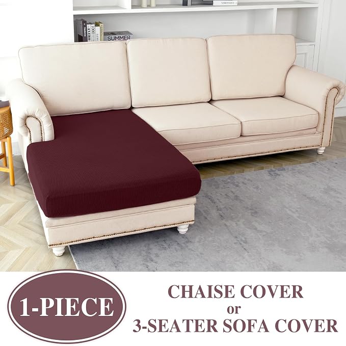 LA MEACK Couch Cushion Chaise Lounge Cover Washable Separate Seat Chaise Couch Cover Stretch Sectional Sofa Slipcover (1 Piece for Chaise or Sofa 3-Seater, Burgundy)