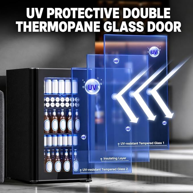 COWSAR 3.2 Cu. Ft. Beverage Refrigerator, Up to 130 Cans or 26 Bottles | Electronic controls with an LED display adjust cooling from 32–61°F, while the glass door keeps drinks easy to view.