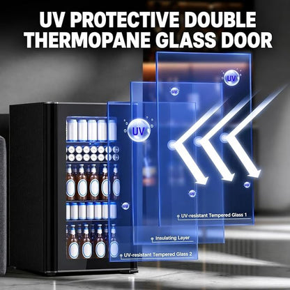 COWSAR 3.2 Cu. Ft. Beverage Refrigerator, Up to 130 Cans or 26 Bottles | Electronic controls with an LED display adjust cooling from 32–61°F, while the glass door keeps drinks easy to view.