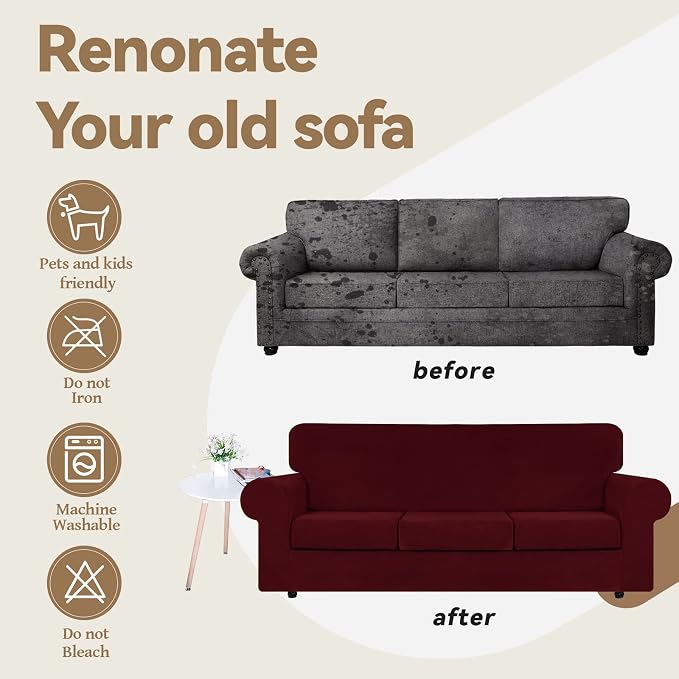 WEERRW 4 Pieces Couch Cover for Sofa Velvet Sofa Covers Washable, Burgundy | Sofa Covers for 3 Cushion Couch Furniture Protector Sofa Slipcovers with Non Slip Elastic Bottom, Pet Friendly, Large