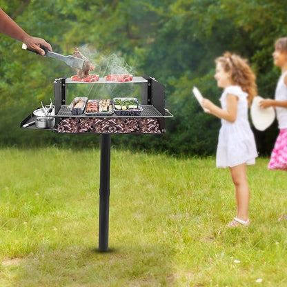 Heavy-Duty Park-Style Charcoal BBQ Grill, Height Adjustable Single Post Outdoor Grill with Side Shelf for Camping, Outdoor Cooking, Backyard, Patio, Camp Grilling Barbecues, 40" x 25.5" x 52.5"h