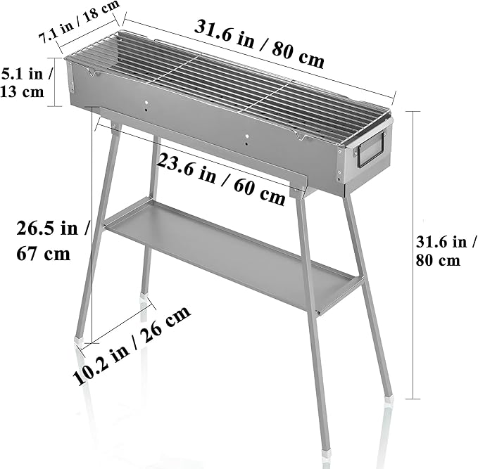 Portable Charcoal Grills, Alloy Steel BBQ Grill with Foldable Stand Adjustable Air Vents, Kebab Skewer BBQ Barbecue Grill Kit for Garden Backyard Party Picnic Travel Outdoor Use (31.6x7.1inch)