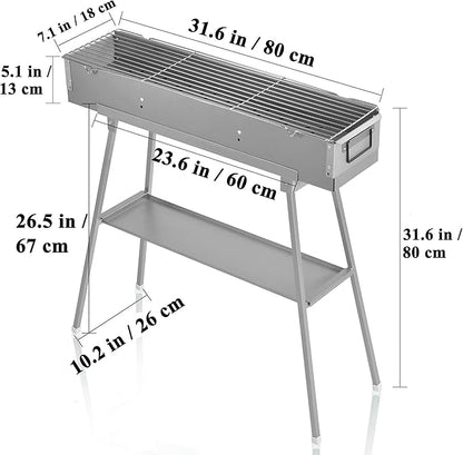 Portable Charcoal Grills, Alloy Steel BBQ Grill with Foldable Stand Adjustable Air Vents, Kebab Skewer BBQ Barbecue Grill Kit for Garden Backyard Party Picnic Travel Outdoor Use (31.6x7.1inch)