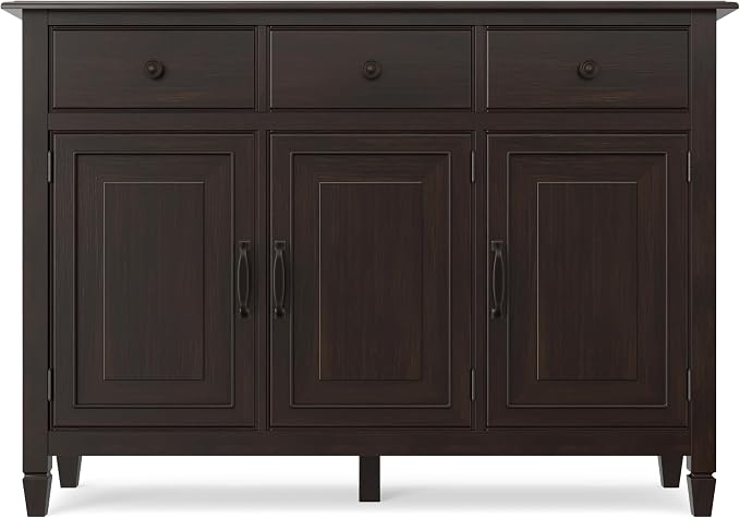 SIMPLIHOME Connaught 51" Solid Wood Cabinet in Chestnut Brown | Traditional space-saving entryway or mudroom cabinet with 3 drawers and adjustable shelves for organized household storage.