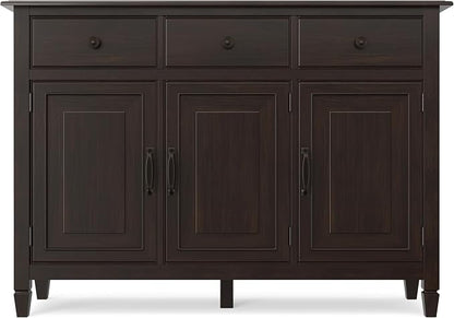 SIMPLIHOME Connaught 51" Solid Wood Cabinet in Chestnut Brown | Traditional space-saving entryway or mudroom cabinet with 3 drawers and adjustable shelves for organized household storage.