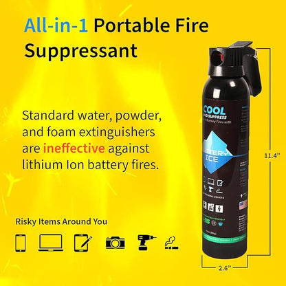 Lithium-Ion Fire Suppressant by Battery Ice | Patented Technology | Compact Fire Aerosol Spray for Home, Garage and Office | Non-Toxic, Eco-Friendly & Easy to Use (Single)
