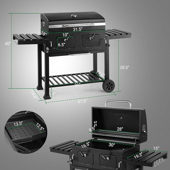 Outvita Extra Large Charcoal BBQ Grill with Oversize Cooking Area with Two Individual & Adjustable Charcoal Tray, Foldable Side Tables for Outdoor Cooking Backyard Patio Picnics