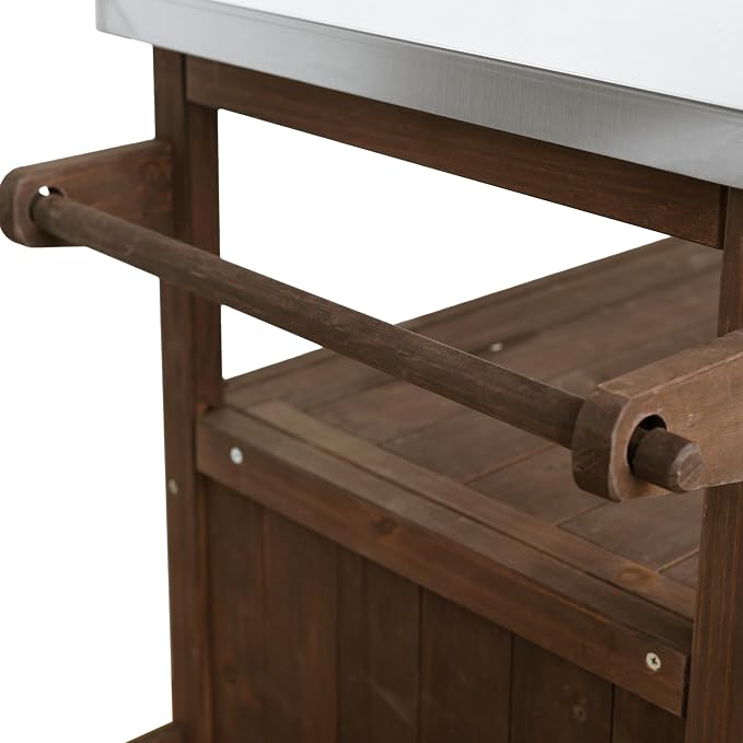 Christopher Knight Home Edsel Outdoor Bar Cart with Stainless Steel Top and Lockable Wheels, Solid Wood Outdoor Storage Cabinet, Kitchen Island Serving Cart for Poolside, Garden, Brown+Silver