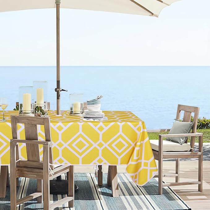 LUSHVIDA Moroccan Outdoor Tablecloth with Umbrella Hole and Zipper, 60 x 84 Inch Yellow, Rectangle Waterproof Wrinkle Free Table Cloth Decorative Fabric Washable Table Cover for Patio, Party, Picnic