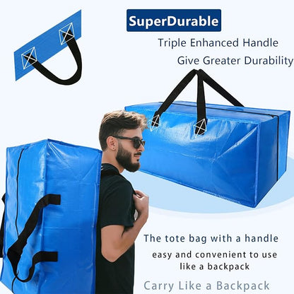Heavy Duty Extra Large Blue Moving Bags with Strong Zipper Backpack Handles | 10 Pack Clothes Storage Bags Totes Space Saving Moving Boxes Bins Packing Bags for College Dorm Compatible with Ikea Frakta