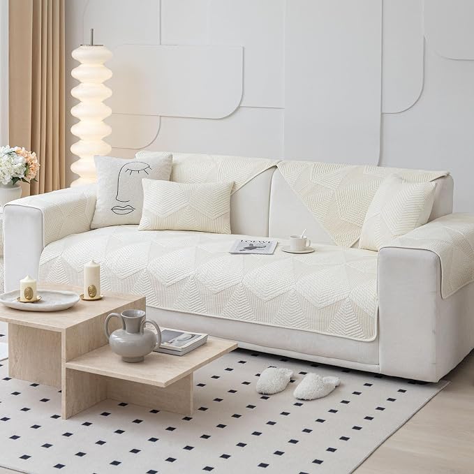 vctops Cotton Quilted Couch Covers for Sectional Sofa (Cream,28"x94") | Geometric Washable Non Slip Sofa Slipcover for Dogs, Children, Pets Furniture Protector Cover