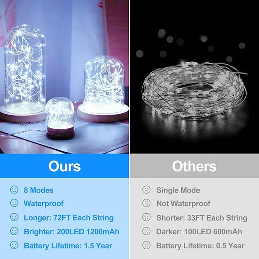 Extra-long 288FT 800 LED Solar Fairy String Lights, 4-Pack 72FT 200 LED Outdoor Twinkle Lights Waterproof 8 Lighting Modes Cool White Silver Wire Lights for Deck Backyard Tree Garden Fence Pool Party