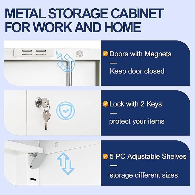 BESFUR Metal Garage Storage Cabinet with Locking Doors and 5 Adjustable Shelves, White Tall Storage Cabinets, Tool File Lockable Cabinet for Garage Office Warehouse Shop(71”H)