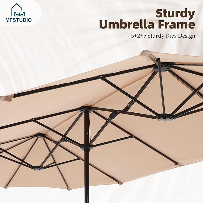 PHI VILLA 13 ft Outdoor Patio Umbrella, Large Rectangular Double Sided Market Table Twin Umbrellas with Crank Handle for Deck Pool(Beige)