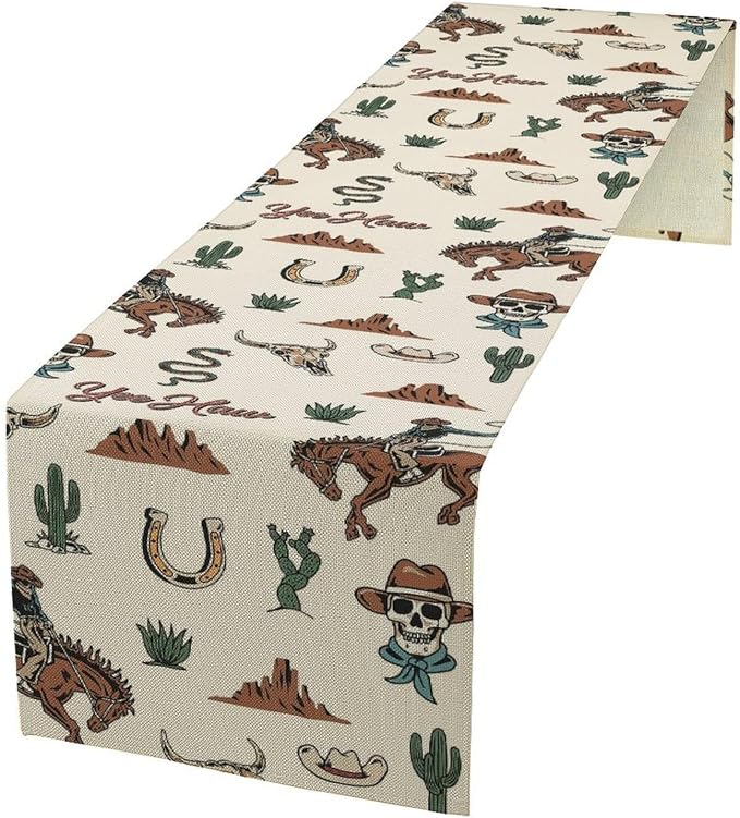 Western Table Runner, Rustic Country West Cowboy Riding Horse Desert Farmhouse for Garden Farmhouse Party Holiday Dinner Home Decoration Everyday 13x60 Inch