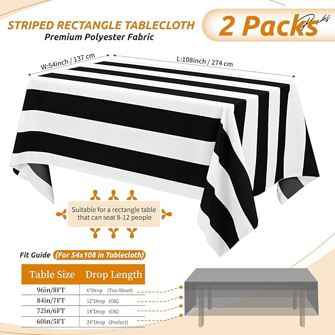 2 Pack-54x108inch Black and White Striped Rectangular Polyester Fabric Tablecloth for Indoor/Outdoor Dining, Party, Picnic, Barbecue, Gathering