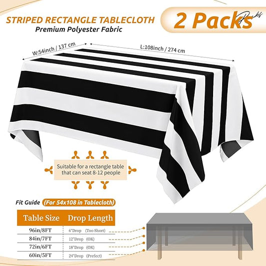 2 Pack-54x108inch Black and White Striped Rectangular Polyester Fabric Tablecloth for Indoor/Outdoor Dining, Party, Picnic, Barbecue, Gathering