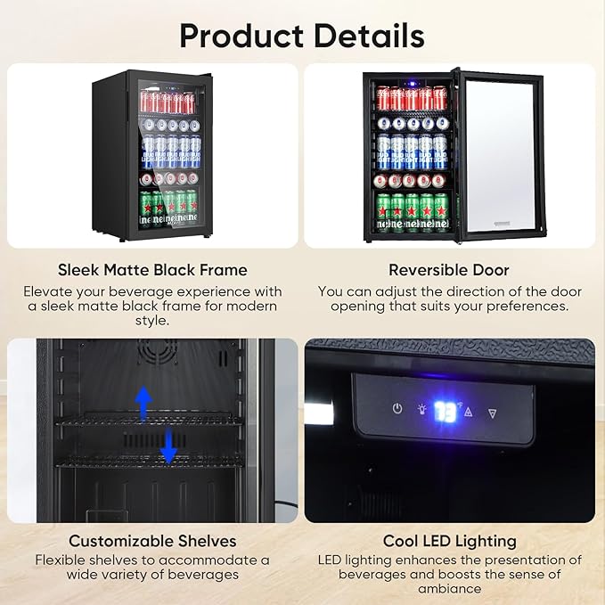 Beverage Refrigerator Cooler, 120 Can Mini Fridge with Digital Temperature Display for Soda Beer, 3 Cu.Ft Drink Fridge with White Indicator Light & Reversible Door - Black