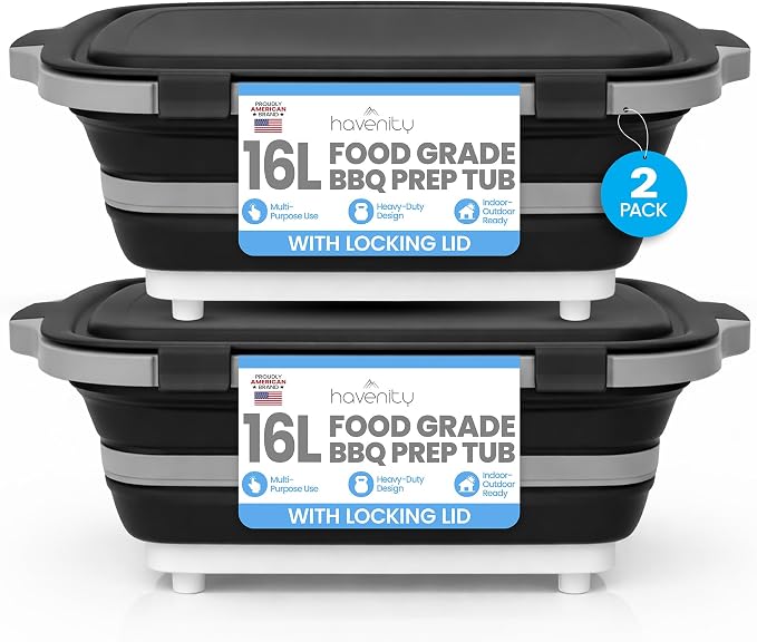 BBQ Prep Tub 2 Pack (16L+16L) - Multifunctional Collapsible Camping Cutting Board with Upgraded Locking lid, Meal Prep Meat Storage Container Perfect for Grilling, Outdoor Cooking (XL x 2)