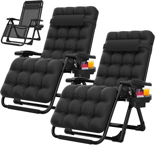 Suteck Zero Gravity Chairs Set of 2, Reclining Camping Chair with Cushion | Anti Gravity Recliner Lounge Chair with Aluminum Alloy Lock & Cup Holder, 90-170° Adjustable, for Lawn Patio Indoor