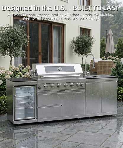 Outdoor Kitchen Island Barbecue Grill with Refrigerator & Rotisserie, Heavy-Duty Stainless Steel Freestanding Grills Station, Weather-Resistant Cooking Cabinet for Backyard & Summer Propane Gas