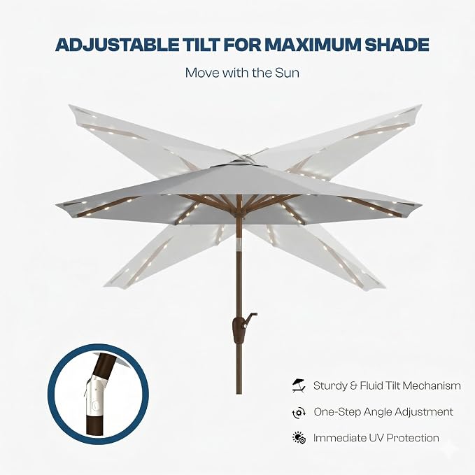 10FT Solar Patio Umbrella with Lights, Outdoor Table Market Umbrella with 32 LED Lights, 8 Sturdy Ribs, Push Button Tilt and Crank for Pool, Deck and Garden, UV-Resistant