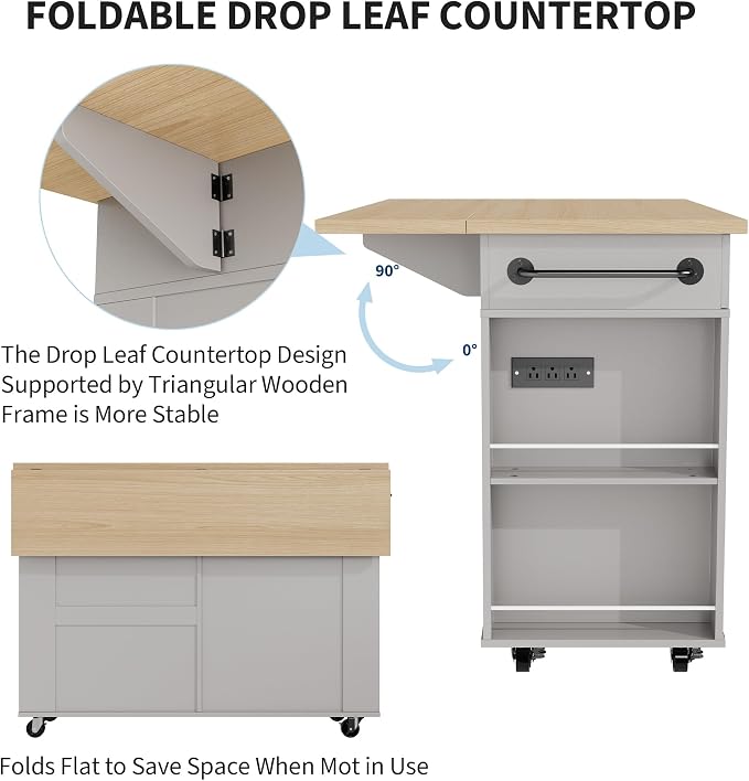 IDEALHOUSE Rolling Kitchen Island with Drop Leaf Countertop, Charging Station & Ample Storage - 47.2" Mobile Kitchen Cart On Wheels with Pull-Out Shelves, Drawers, Spice Rack & Organizer Divider