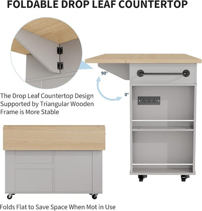 IDEALHOUSE Rolling Kitchen Island with Drop Leaf Countertop, Charging Station & Ample Storage - 47.2" Mobile Kitchen Cart On Wheels with Pull-Out Shelves, Drawers, Spice Rack & Organizer Divider