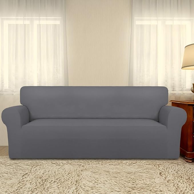 PureFit Stretch Oversized Couch Covers Fleece Sofa Slipcovers Gray | 1-Piece Sofa Cover Washable Soft Couch Protector, Couch Slipcover with Non Skid Foam and Elastic Bottom for Kids, Dogs