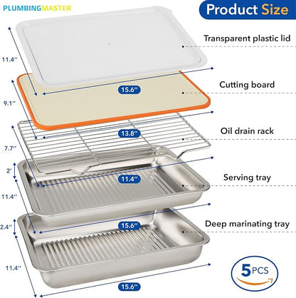 Grilling Gifts for Family: 5-in-1 Outdoor BBQ Food Prep Tray & Carry System, Meat Marinating Container with Lid, Cutting Board & Rack, Metal Cooked Meat Platter Serving Accessories