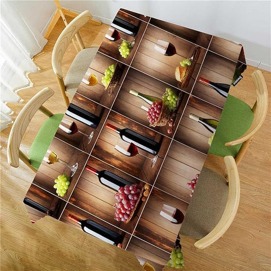 Swono Tablecloth Wine, Retro Red Wine Bottle Glass Grape Wooden Table Cloth for Kitchen Dining Tabletop Decoration Parties Weddings, 52 X 70 Inch Rectangle Tablecloth