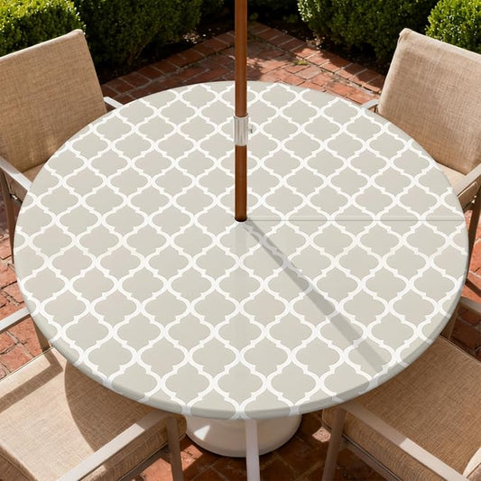Outdoor Tablecloth with Umbrella Hole and Zipper Fits 53-60" Tables | Waterproof Round Fitted Tablecloth with Elastic Edge, Wipeable Outdoor Table Cover for Patio, Garden, Picnic