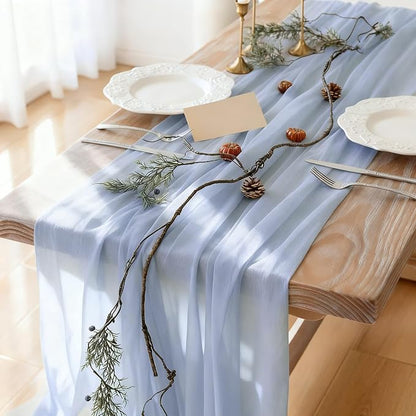 Dusty Blue Glitter Chiffon Table Runner 35x120 Inches 6 Pack for Outdoor Patio BBQ Home Dining Table Decor