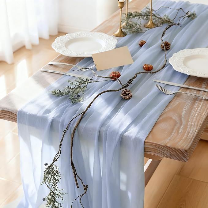 Blue Shimmery Glitter Chiffon Table Runner 35x120 Inches for Wedding Bridal Shower Outdoor Dining Party Table Decor