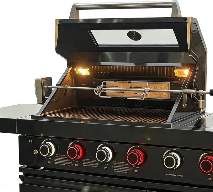5-Burner Stainless Steel Grill with Rotisserie Oven,Mini Wine Fridge,Side Burner,Sink.Included Natural Gas converter.Black