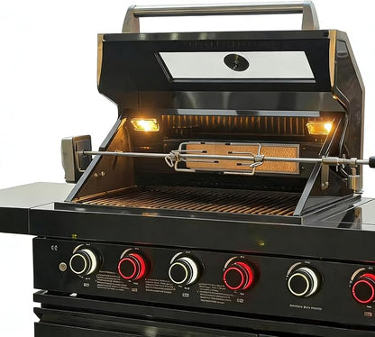 5-Burner Stainless Steel Grill with Rotisserie Oven,Mini Wine Fridge,Side Burner,Sink.Included Natural Gas converter.Black