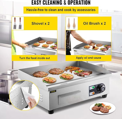 VEVOR Commercial Electric Griddle, 18" Teppanyaki Grill, 1600W Electric Flat Top Grill, Stainless Steel Electric Countertop Griddle w/Drip Hole, 50-300℃ Countertop Griddle for Pancake (No Plug)