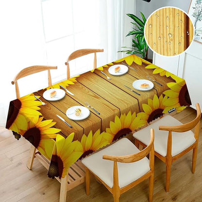 Swono Tablecloth 52"X70" Sunflowers, Beautiful Sunflowers Wooden Plank Rectangle Table Cover Anti-Oil Tablecloth for Dining Tables, Parties, Wedding and Banquet Decoration