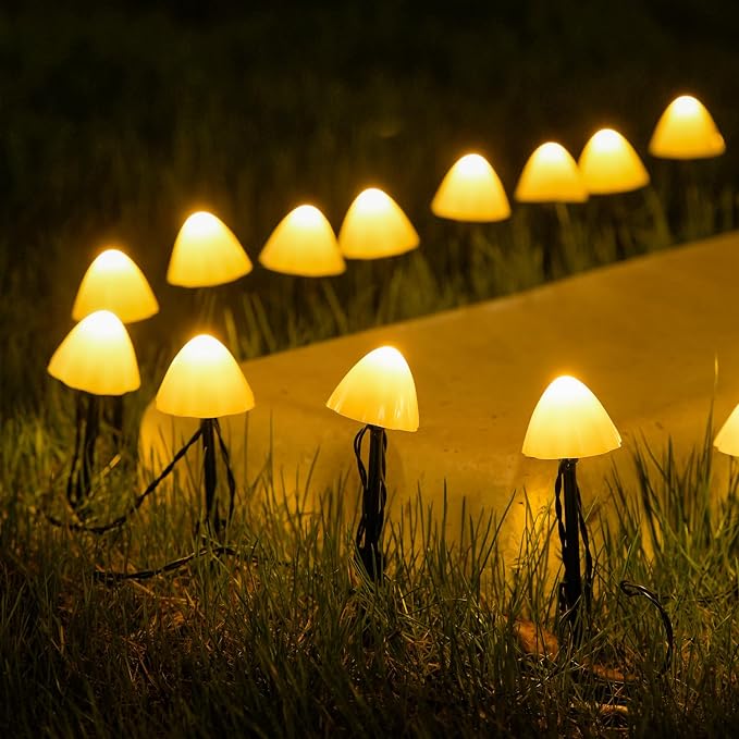 JMEXSUSS 2 Pack Solar String Lights Outdoor, 20 LED 36ft, Mushroom | Outdoor Waterproof, Warm White, 8 Modes Solar Pathway Lights for Outside Garden Patio Yard Decorations