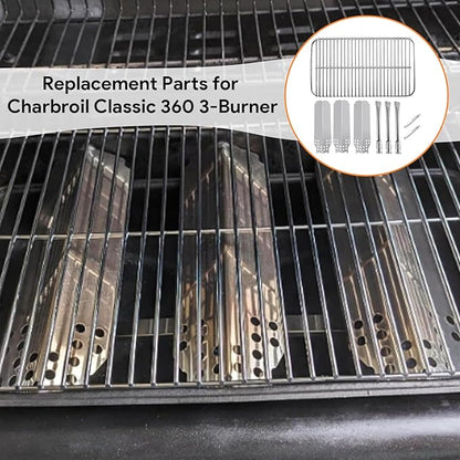 BQMAX Stainless Steel Replacement Parts for Charbroil Classic 360 3-Burner 463742418, 463773717, G320-0200-W1, G215-0203-W1 Grill Burner, Heat Plate, Cooking Grate and Adjustable Carryover Tube
