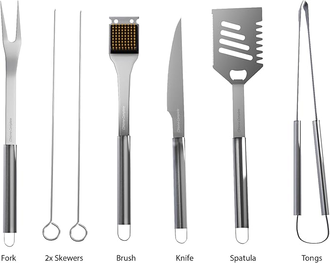 7-Piece BBQ Grill Tool Kit - Stainless Steel BBQ Accessories Kitchen Set with Spatula, Tongs, Fork, Knife, Brush, Skewers, and Case by Home-Complete
