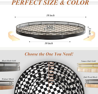 AMH18-Inch Black and White Checkerboard Lazy Susan Decorative Tray | Smooth rotating oak tray with walnut finish for dining tables, kitchen counters, pantries and cabinet storage.