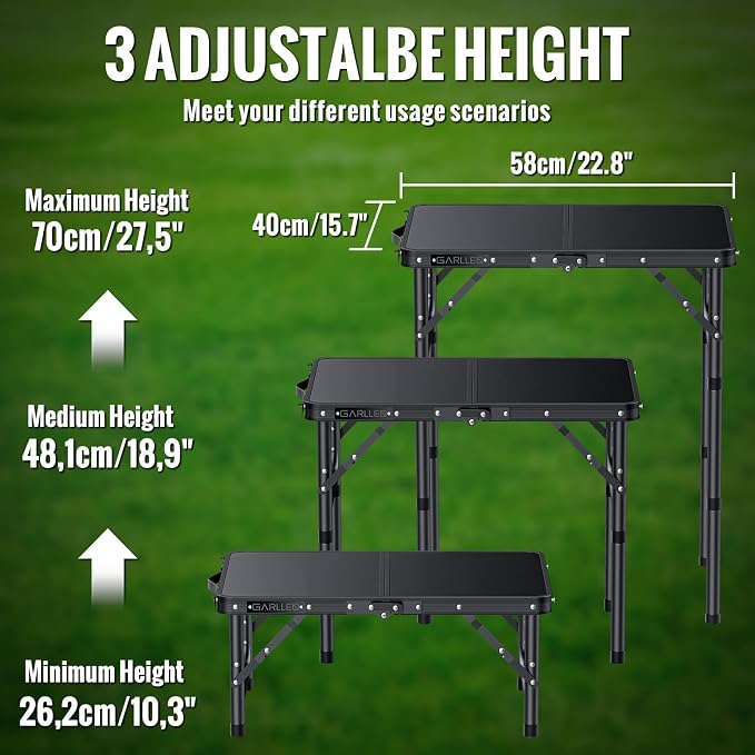 GARLLEN 2ft Folding Camping Table Max Capacity 66lbs, 3 Adjustable Height Folding Grill Table with MDF Tabletop, Lightweight Folding Tables for BBQ, Travel, Picnic, 22.8" L x 15.7" W