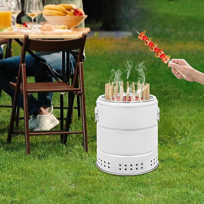 Smokeless Barbecue Charcoal Barrel Grill, Portable Stainless Steel Surround Hanging Grill with 22 Skewers & BBQ Grill Cooking Grate for Picnics/Camping/Traveling/Parties/Beaches/Gardens