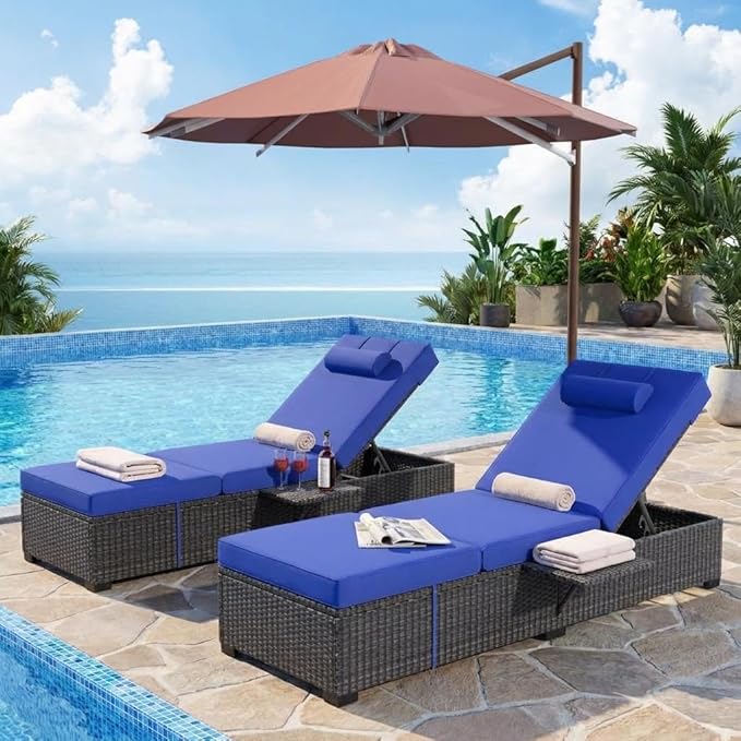 Garvee 2-Pack Adjustable Chaise Lounge Chairs with Side Table, 5-Position PE Rattan Recliners with Sky Blue Cushions & Headrest, All-Weather Brown Wicker Pool Loungers for Patio Garden Deck
