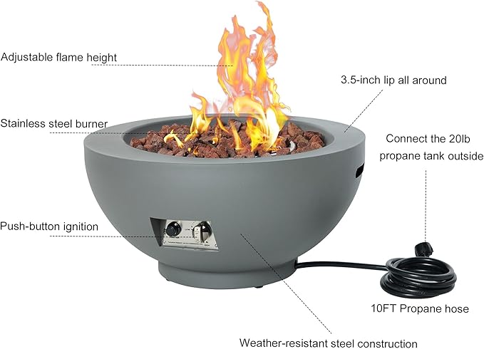 28-Inch Fire Table, 58,000 BTU Outdoor Propane Fire Pit, Patio Round Fire Bowl Gas Firepit with Lid, Lava Rocks, Cover, Pre-Attached 10 ft Propane Hose, Gray