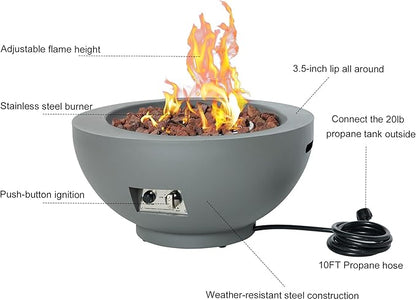 28-Inch Fire Table, 58,000 BTU Outdoor Propane Fire Pit, Patio Round Fire Bowl Gas Firepit with Lid, Lava Rocks, Cover, Pre-Attached 10 ft Propane Hose, Gray