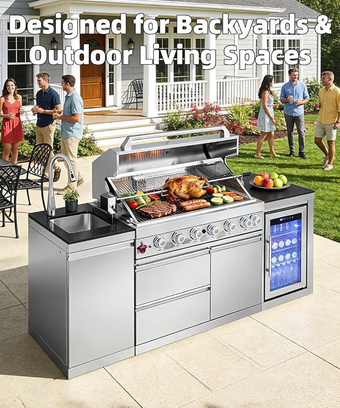 BBQ Outdoor Kitchen Island Grill Barbecue Modular Patio Kitchens Kits with Electric Rotisserie, Sink, fridge, and Burner for More than 10 People
